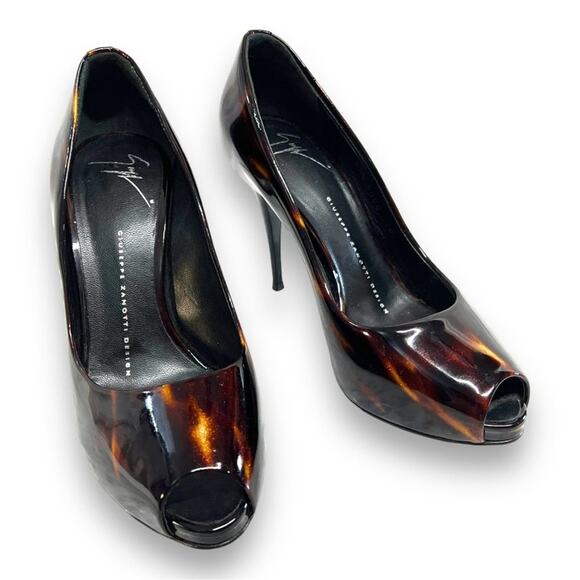 GIUSEPPE ZANOTTI Tortoise and Black Patent Peep Toe Heels SZ 7 - Picture 11 of 16